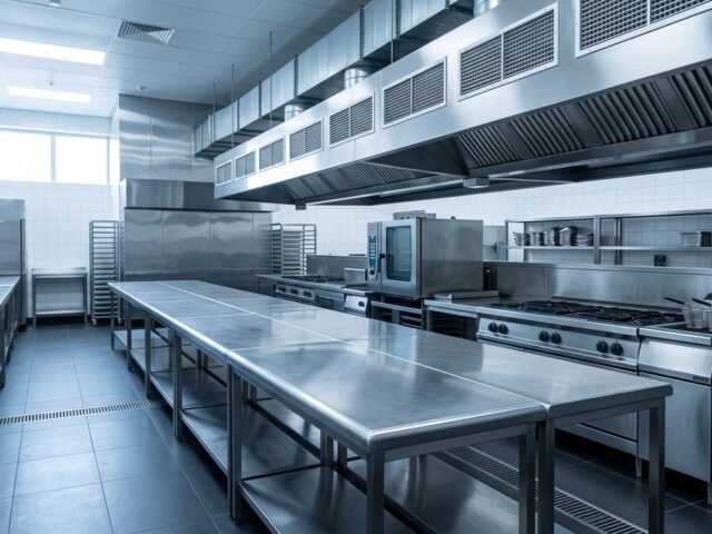 Cocina industrial de acero inoxidable con mesas y campana