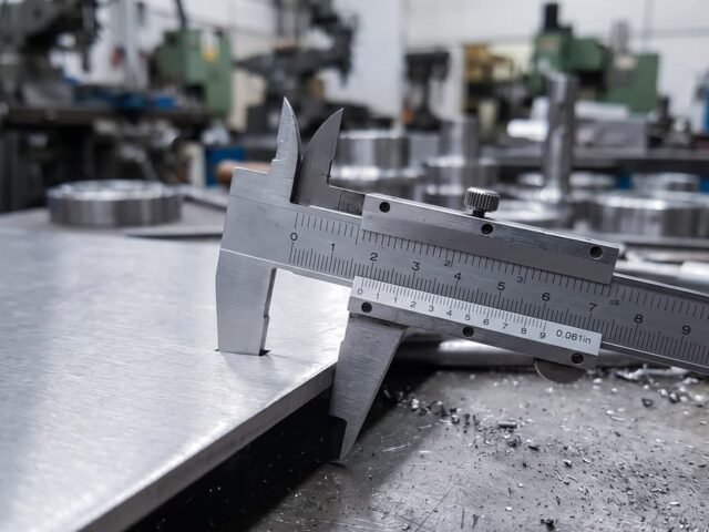 Calibrador vernier midiendo el espesor de una plancha de acero inoxidable