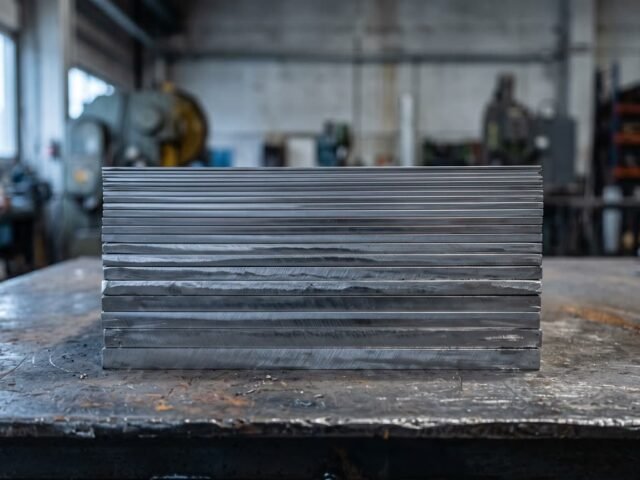 Pila de láminas de acero inoxidable de distintos espesores sobre mesa de taller