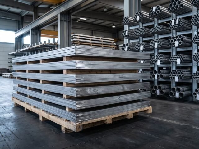 Planchas de acero inoxidable apiladas en almacén industrial
