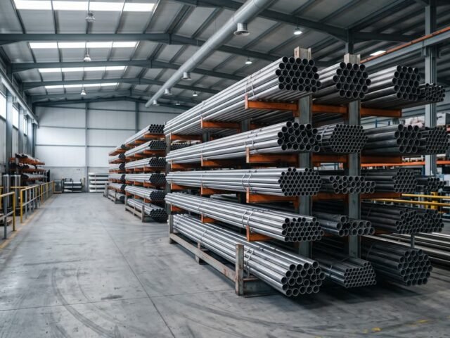Tubos de acero inoxidable de distintos diámetros en racks de almacén